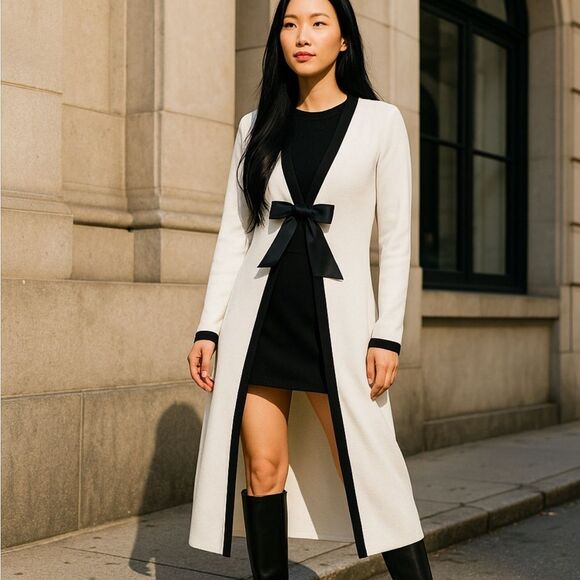 Alice + Olivia Sibel Bow Long Cardigan Sweater | white & black Size Small - Picture 1 of 11